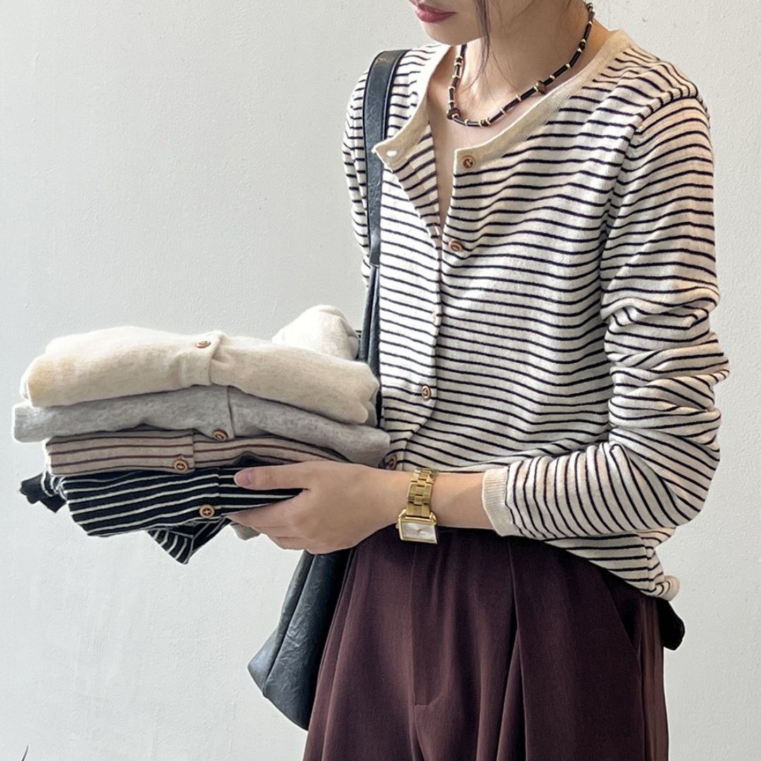 Women's Color-Block Striped Knit Round-Neck Jacket