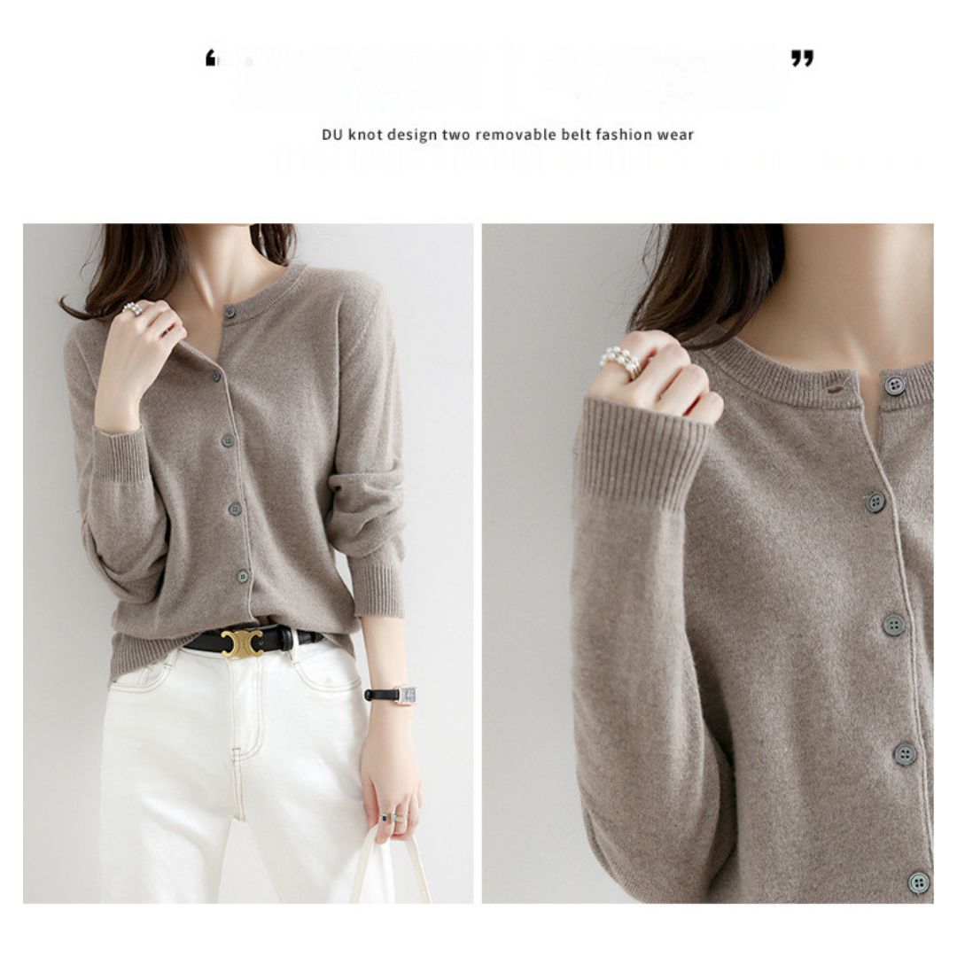 Solid Color Round Neck Button Knitted Jacket