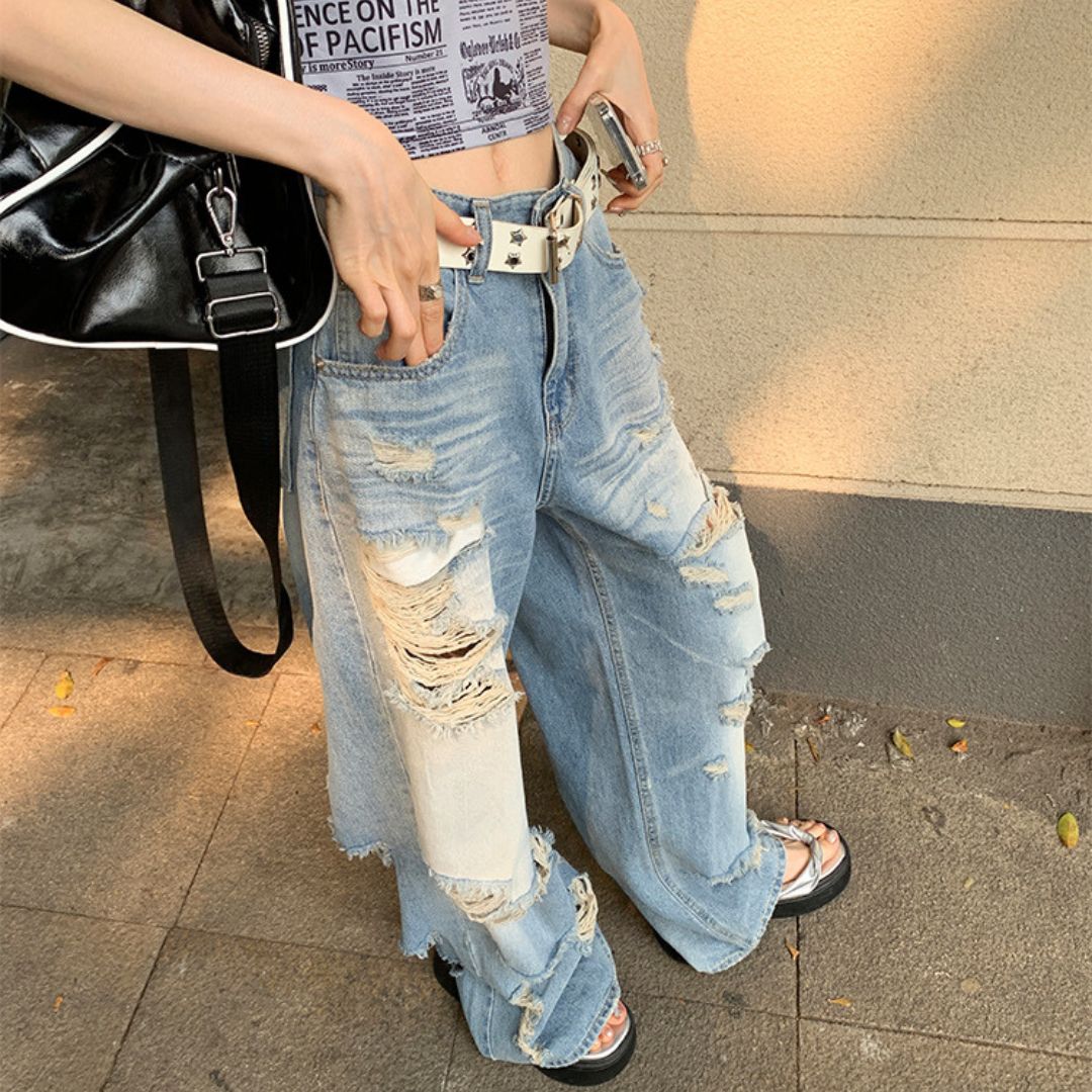 高腰寬鬆闊腿破洞牛仔褲