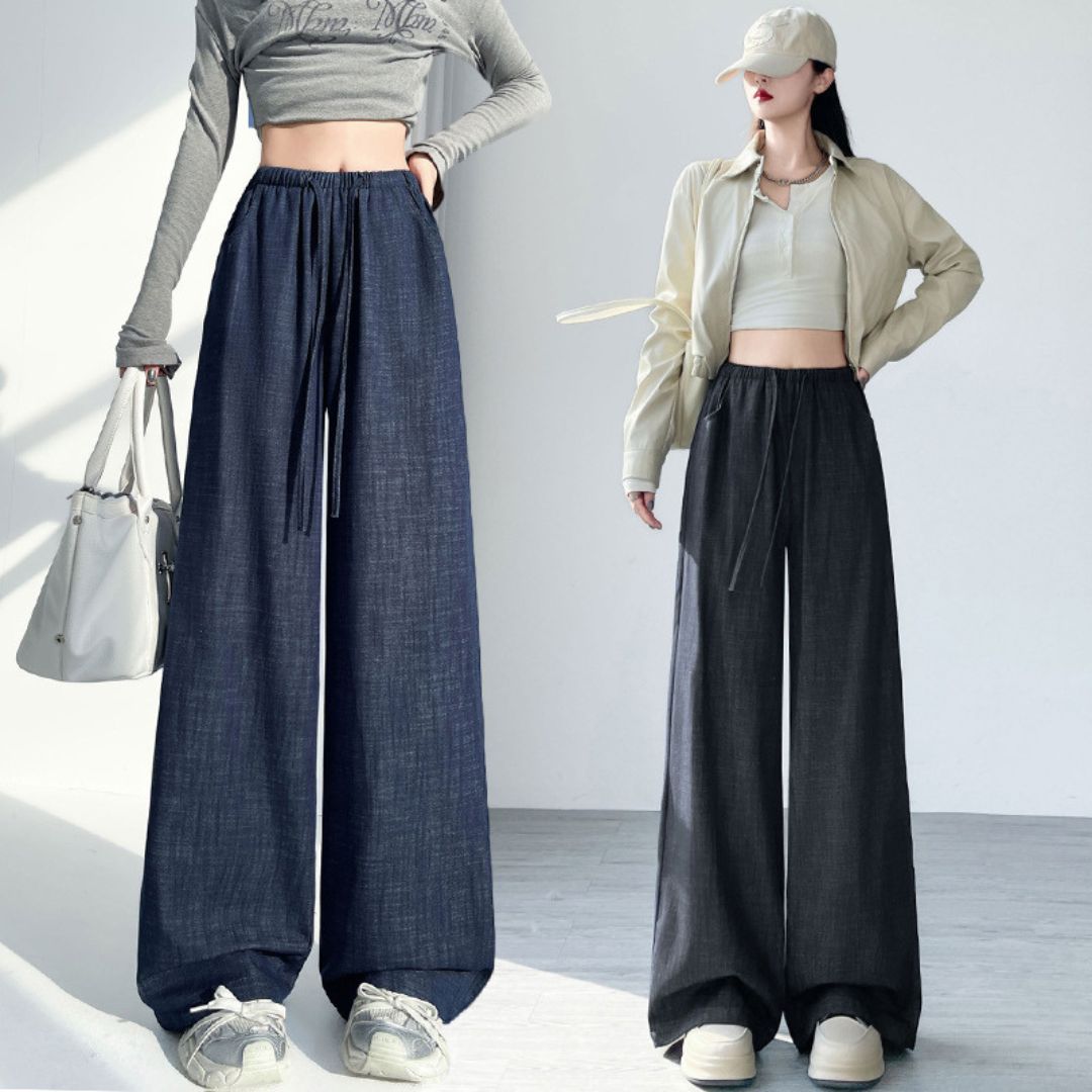 ドローストリングウエストストレートワイドレッグデニムパンツ