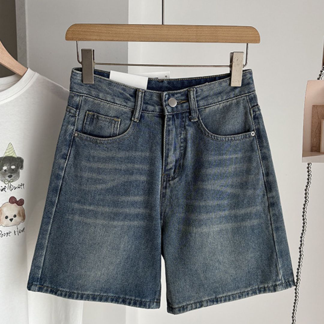 High Waist Straight Leg Casual Denim Shorts