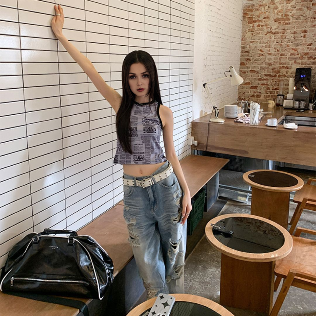 高腰寬鬆闊腿破洞牛仔褲