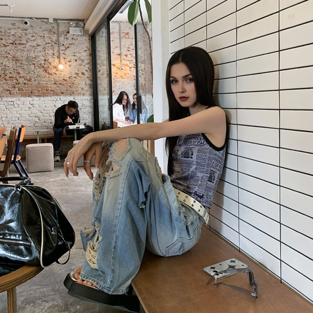 高腰寬鬆闊腿破洞牛仔褲