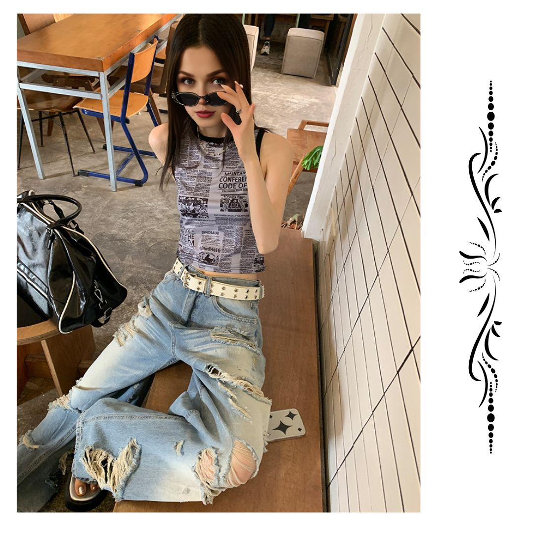 高腰寬鬆闊腿破洞牛仔褲