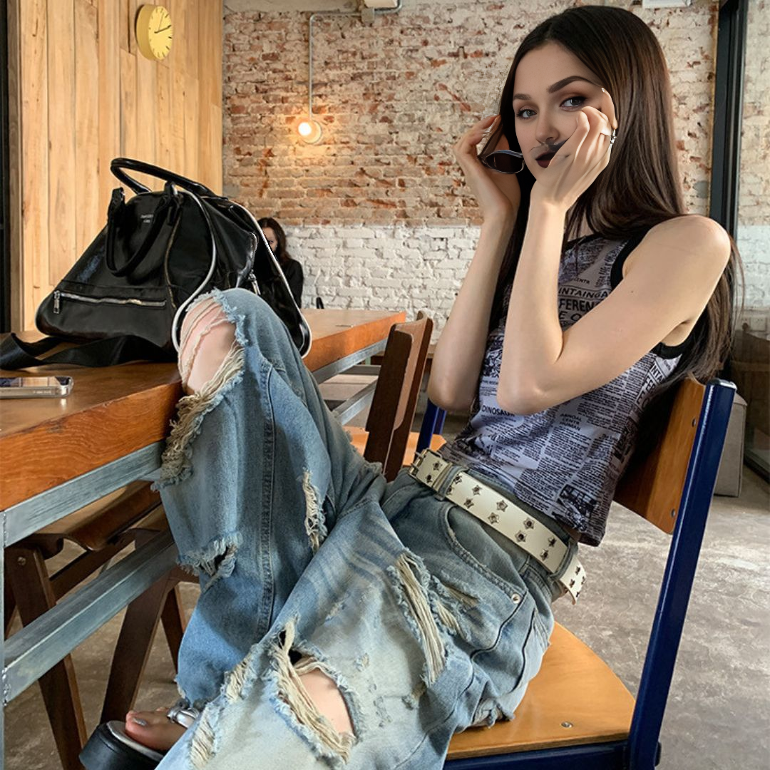 高腰寬鬆闊腿破洞牛仔褲