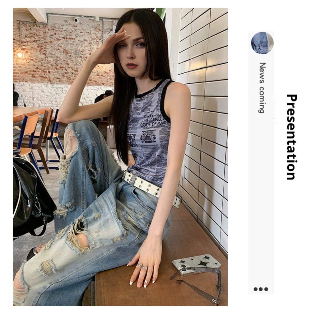 高腰寬鬆闊腿破洞牛仔褲