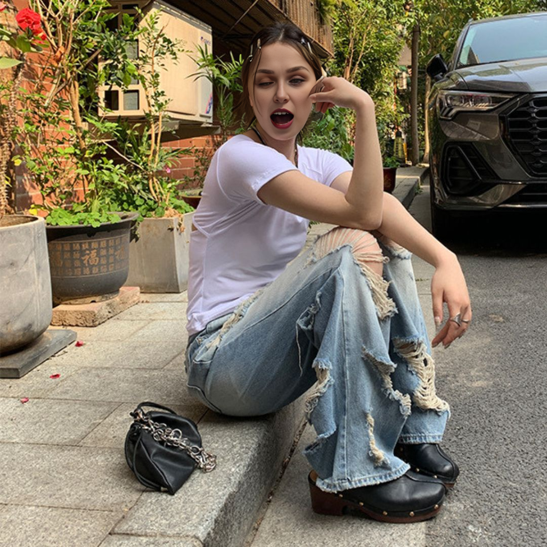 高腰寬鬆闊腿破洞牛仔褲