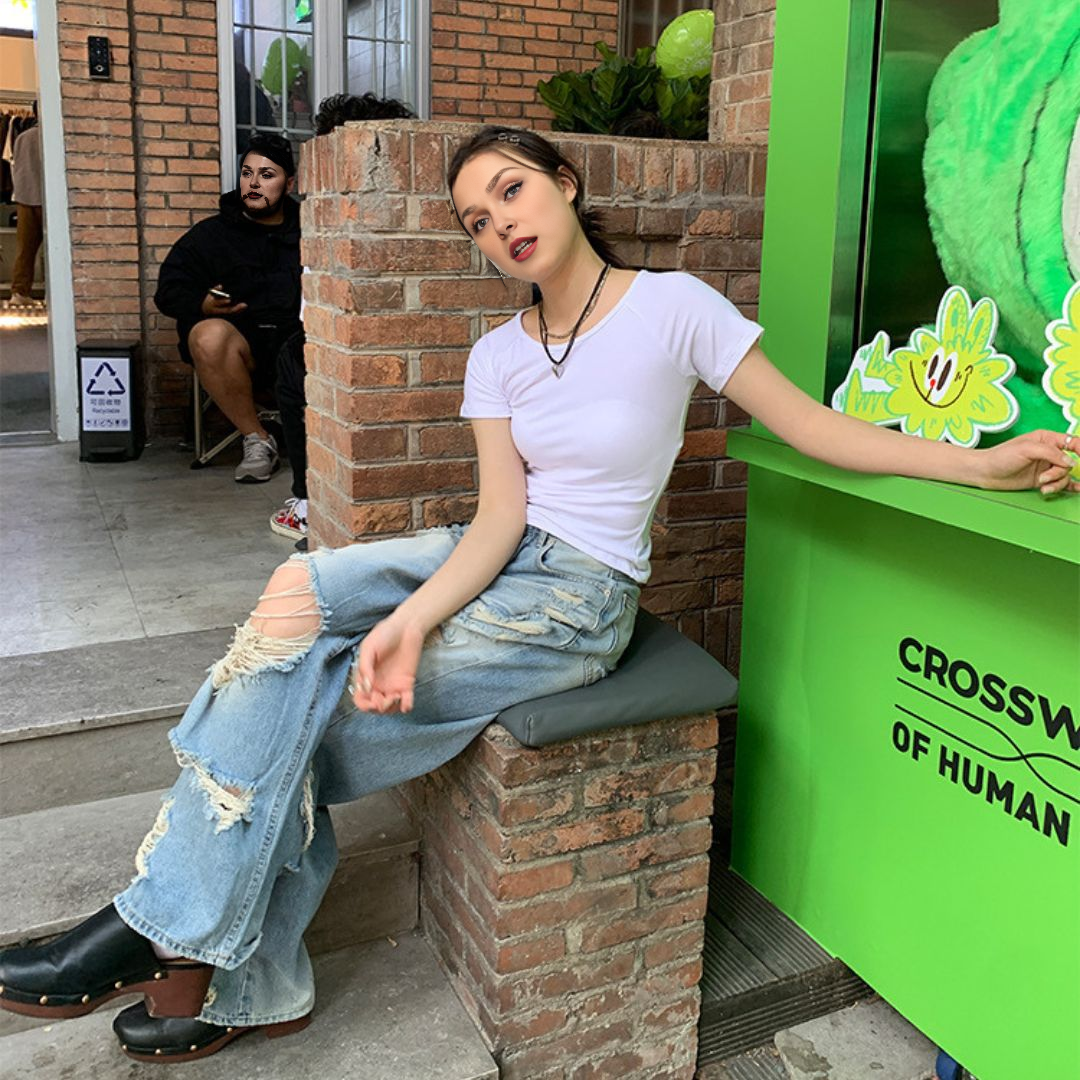 高腰寬鬆闊腿破洞牛仔褲