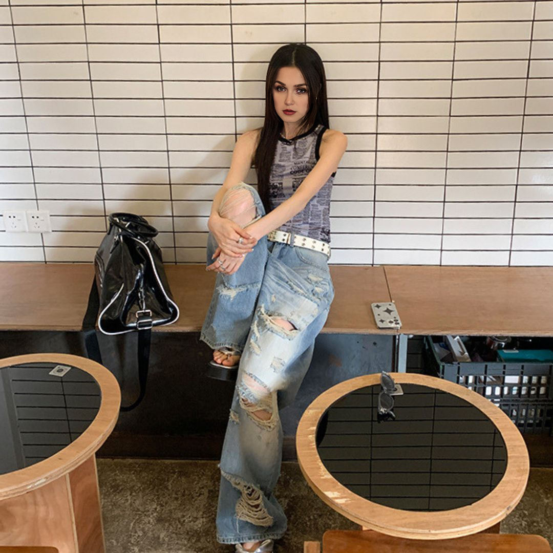 高腰寬鬆闊腿破洞牛仔褲