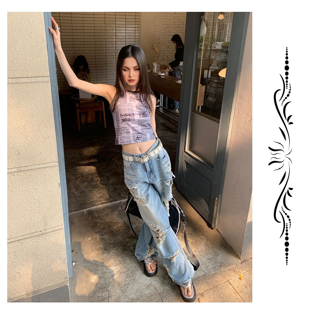 高腰寬鬆闊腿破洞牛仔褲