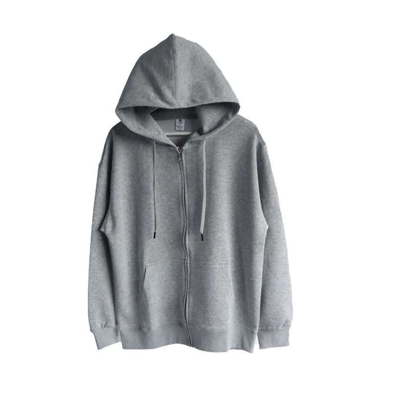 Solid Color Cotton Hooded Zip-Up Jacket