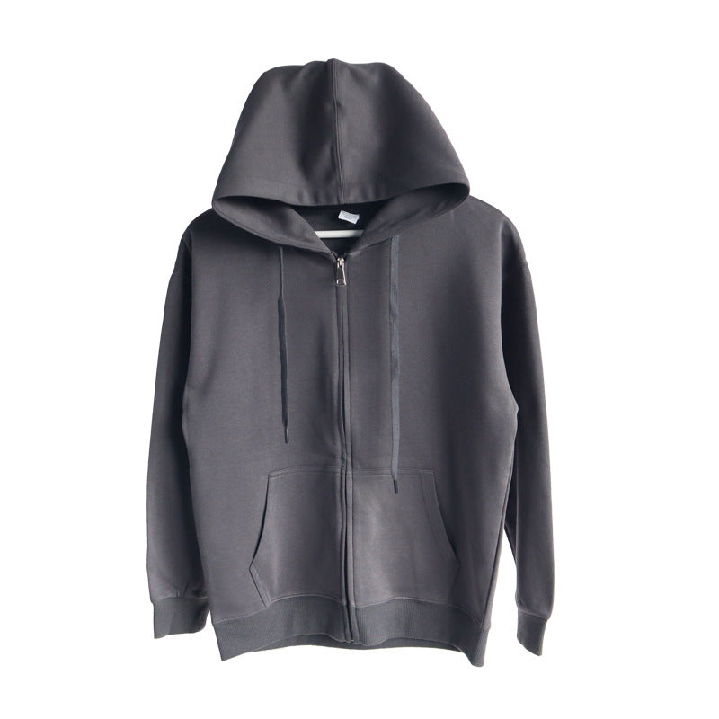 Solid Color Cotton Hooded Zip-Up Jacket
