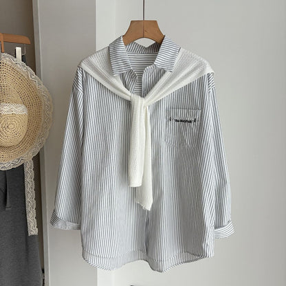 ストライプ刺繍シャツ＋ニットショール