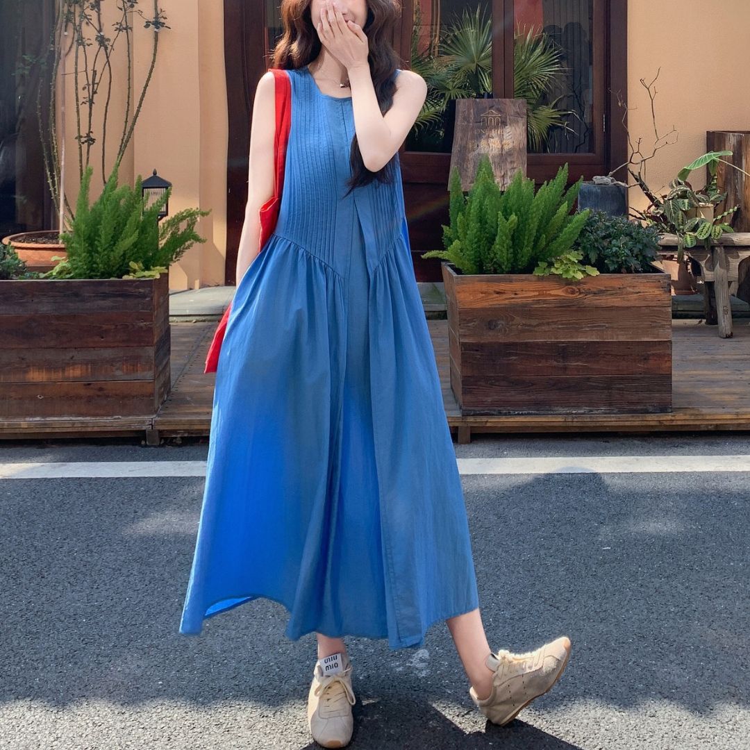 Ruched Vintage Sleeveless Midi Tank Dress