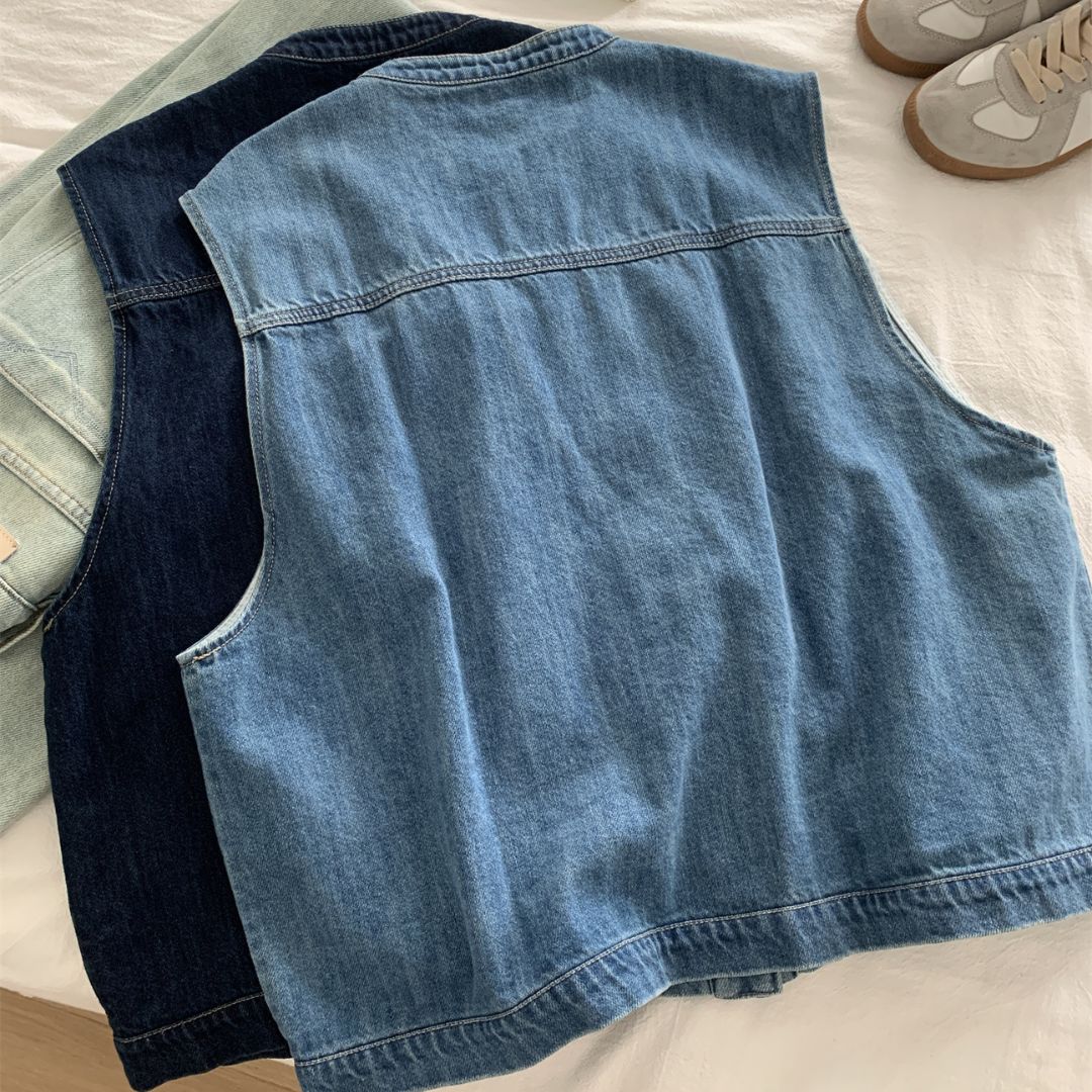 Women's Denim Sleeveless Top with Petite Mandarin Collar