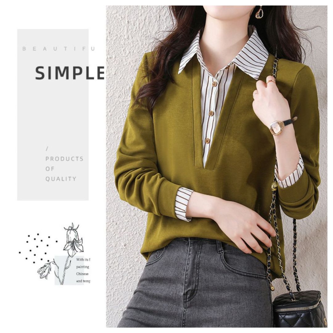 Striped Lapels Fake Two Long-sleeved Tops