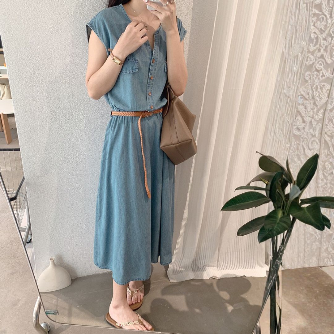 V Neck Lightweight Vintage Denim Dress