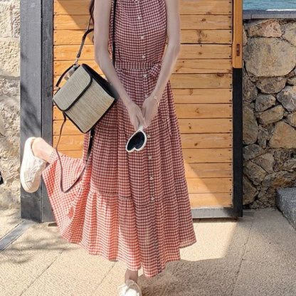Vintage Red Plaid Sleeveless Fitted Dress