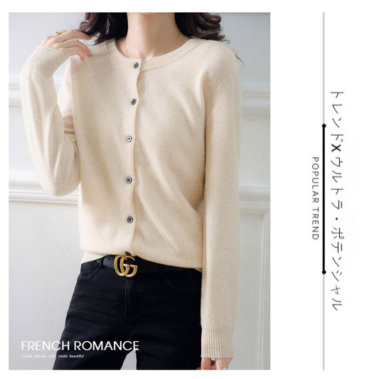 Solid Color Round Neck Button Knitted Jacket