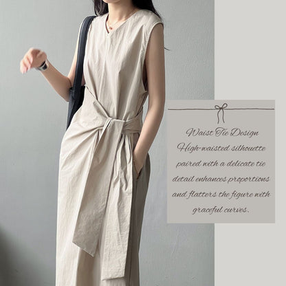Sleeveless Long Dress with Cinched Tie-Waist Design