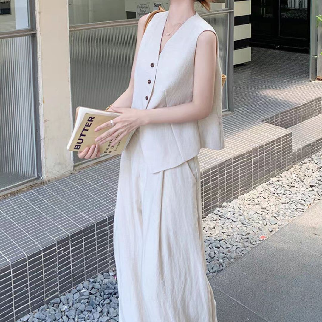 Suit Vest + Wide Leg Pants Two Piece Set