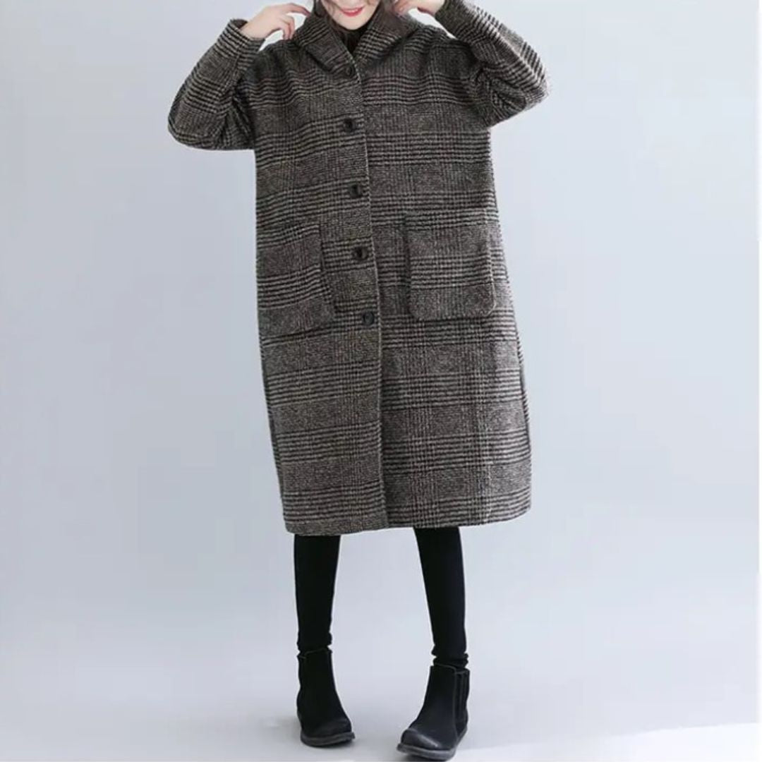 Japanese-Style Houndstooth Mid-Length Coat