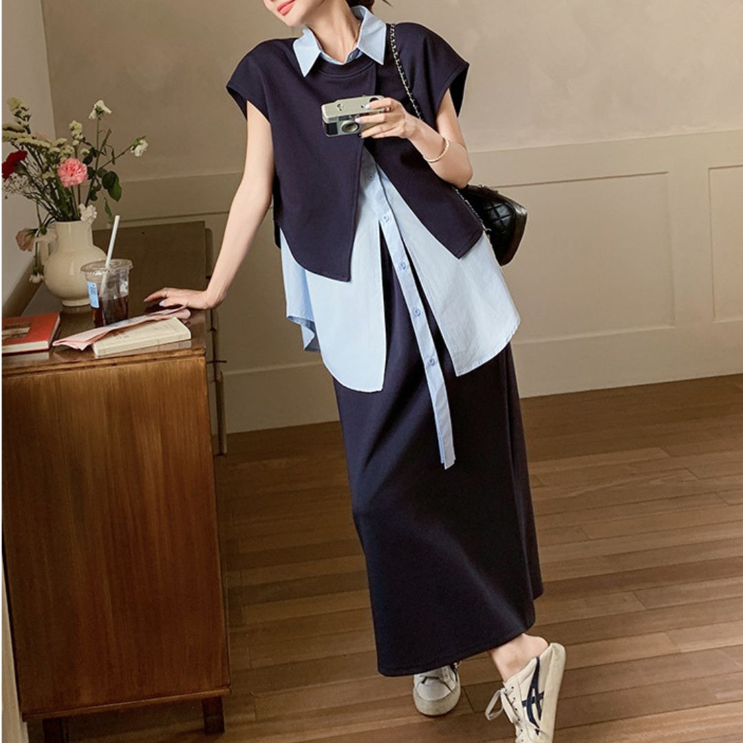 Deep Navy Irregular Shirt Set Dress