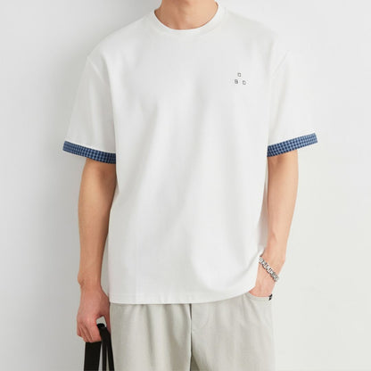 Plaid Rolled Cuff Patchwork T Shirt