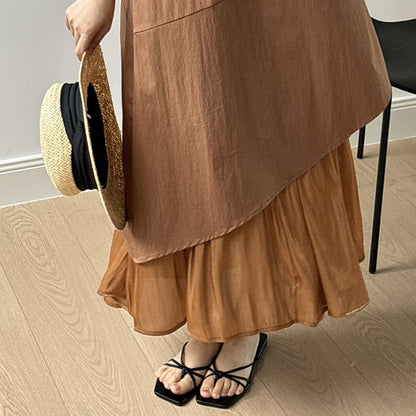 Sleeveless Long Dress with Asymmetrical Hem and Panelled Design