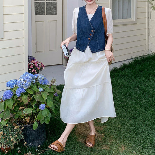 Gentle Style White Puff Sleeve Dress With Denim Vest Two Piece Set