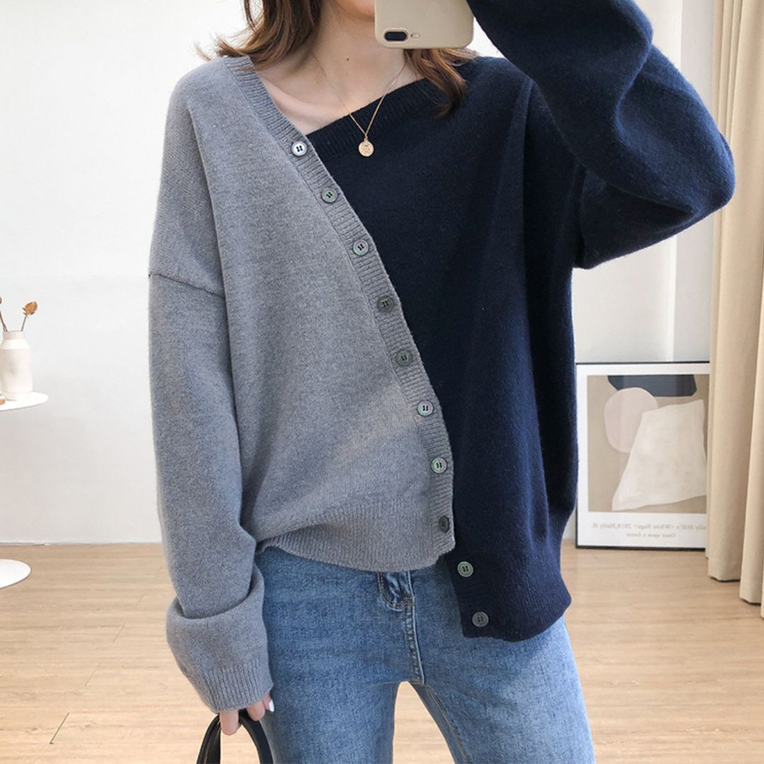 Japanese-style Asymmetrical Color-Block Knit Sweater