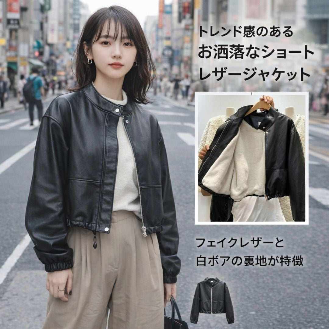 スタンドカラーのフリース裏地フェイクレザージャケット