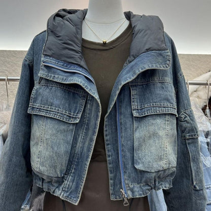 Short Patchwork Denim Hoodie Jacket