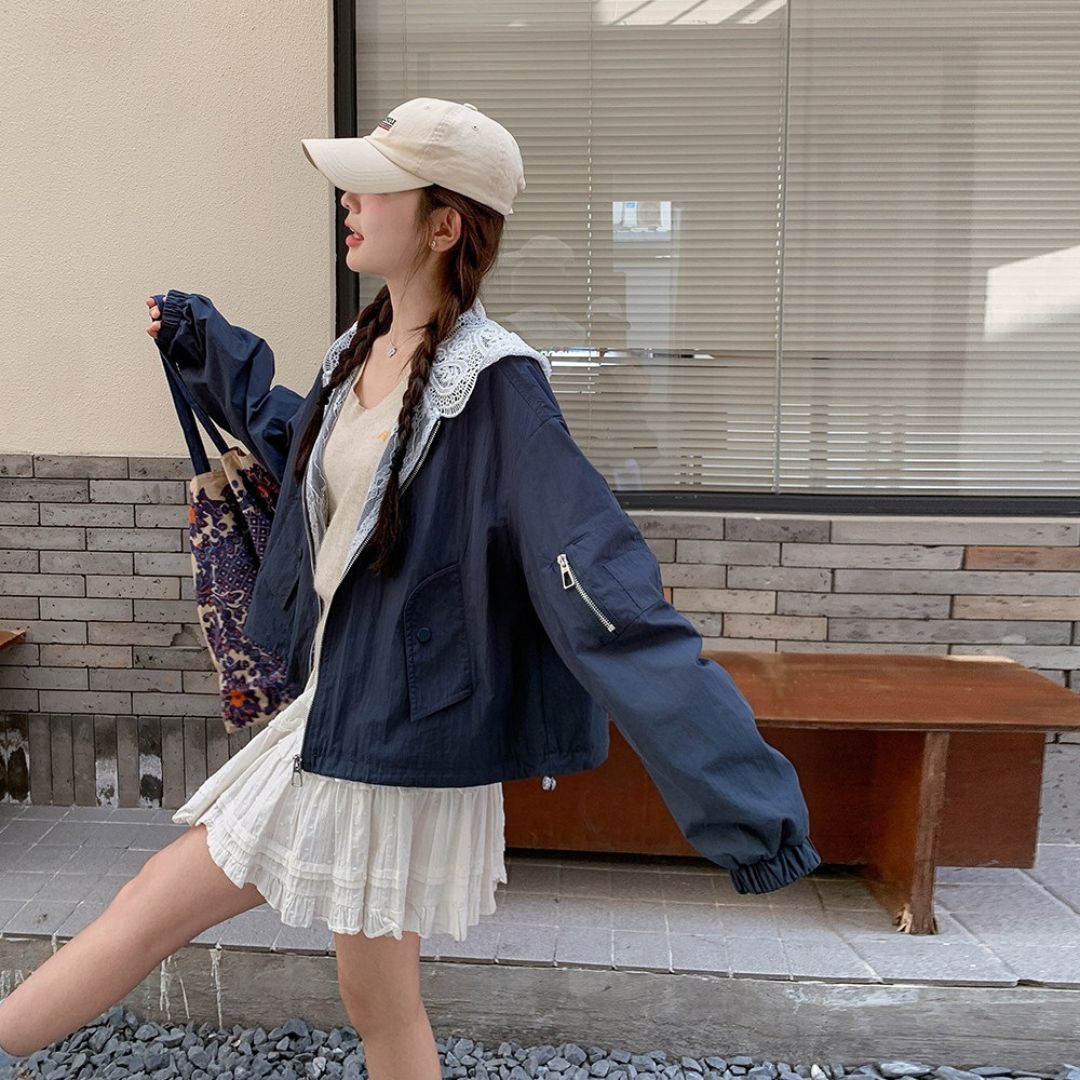 Blue Patchwork Lace Casual Fashion Jacket