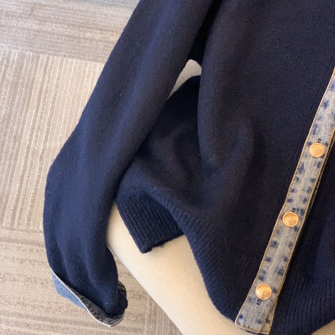 Denim Collar Patch Knit Sweater