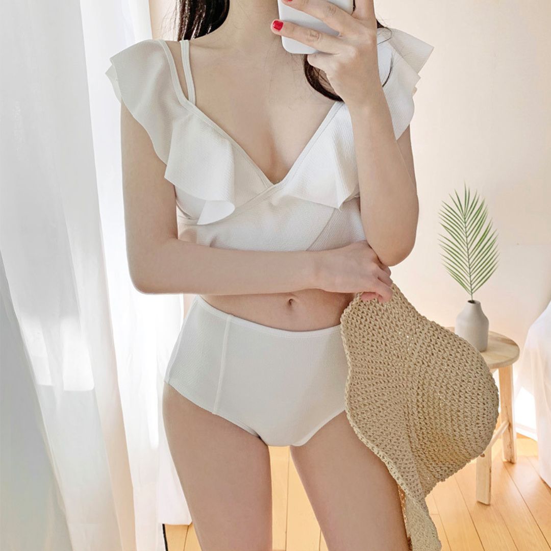 Ruffled High Waist Tummy Covering Two Piece Swimsuit