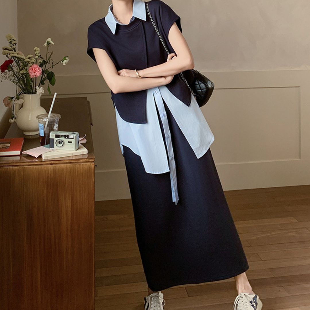 Deep Navy Irregular Shirt Set Dress