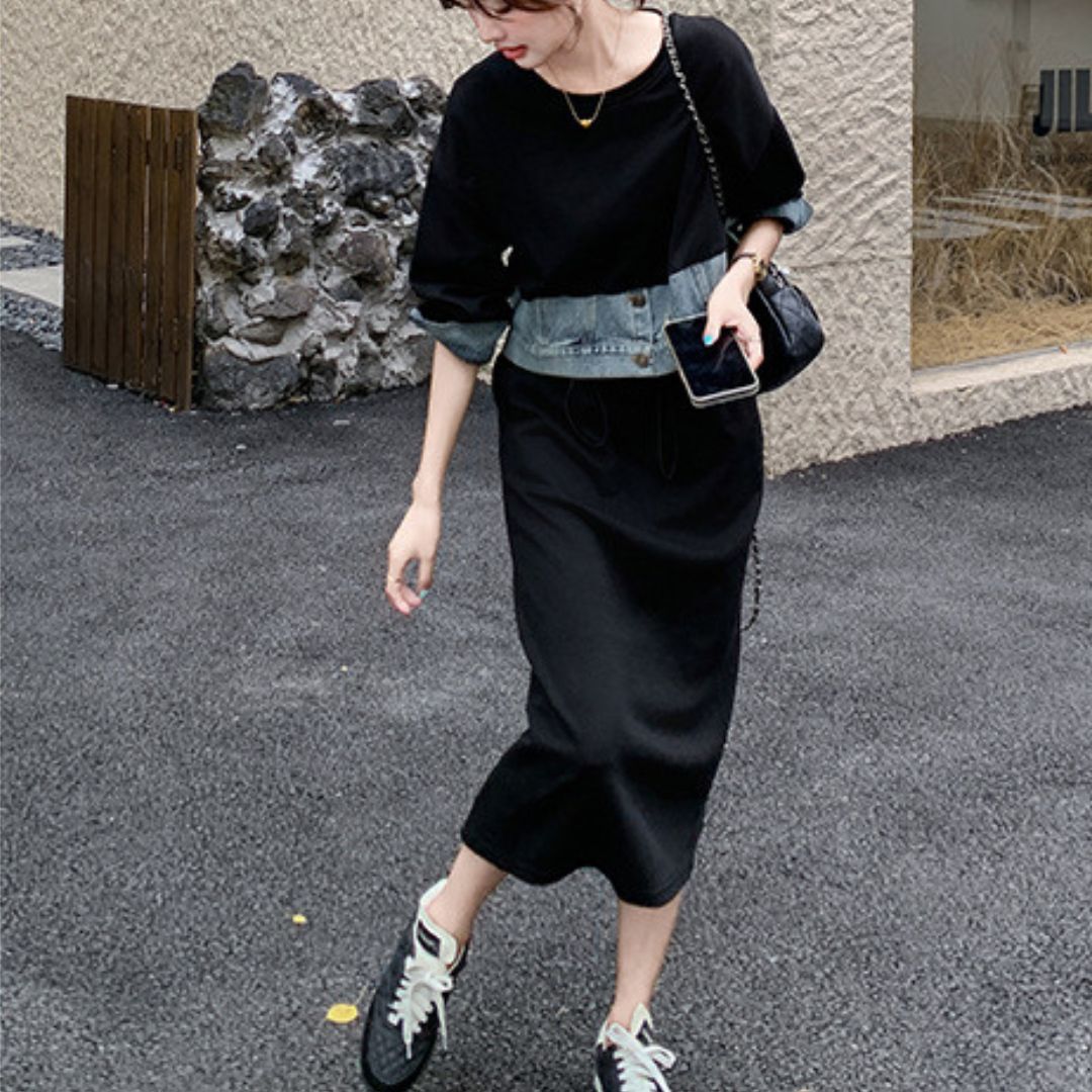 デニムカラーブロックフェイクツーピースドレス
