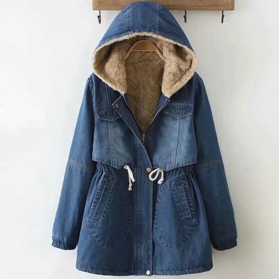 Fleece-Lined Mid-Length Denim Hooded Jacket