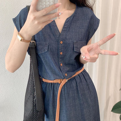 V Neck Lightweight Vintage Denim Dress