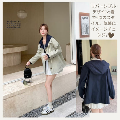 スタイリッシュなカラーブロックリバーシブルフードジャケット