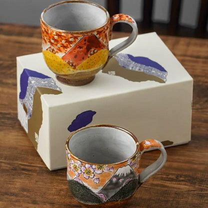 Kutani Ware Spring & Autumn Mount Fuji Pair Cups (Pair)