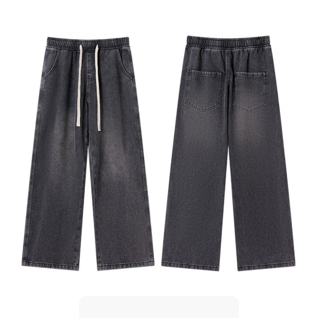 メンズ ドローストリングウエスト ストレート ワイドレッグ デニムパンツ 