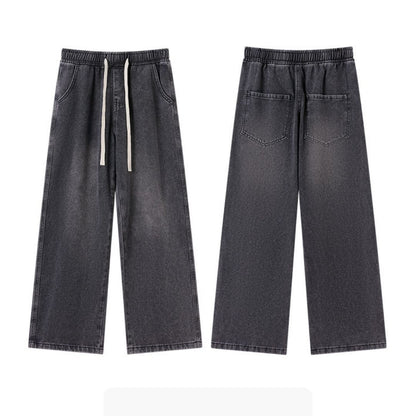 メンズ ドローストリングウエスト ストレート ワイドレッグ デニムパンツ 