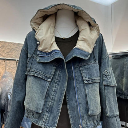 Short Patchwork Denim Hoodie Jacket