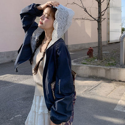 Blue Patchwork Lace Casual Fashion Jacket