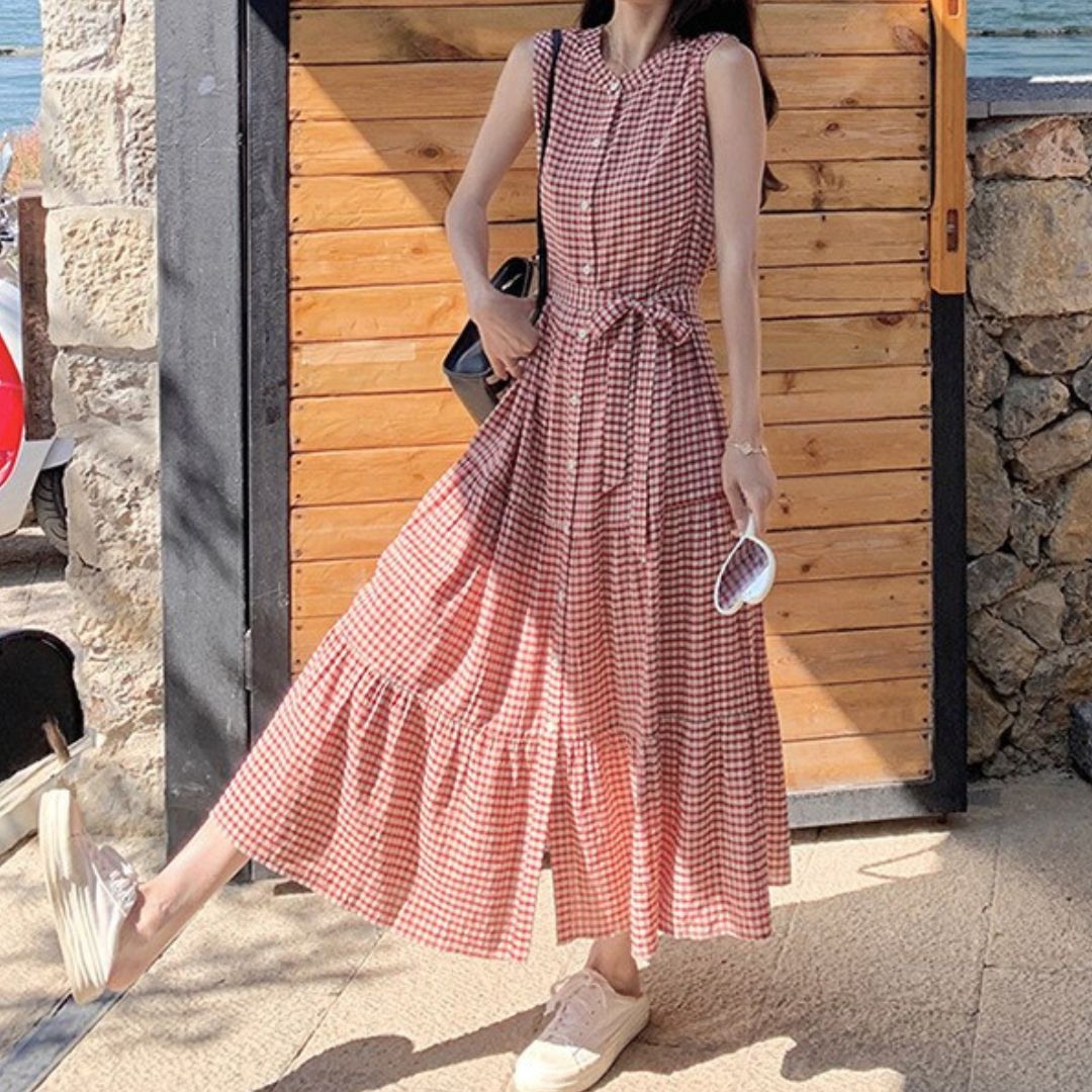 Vintage Red Plaid Sleeveless Fitted Dress
