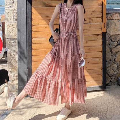 Vintage Red Plaid Sleeveless Fitted Dress