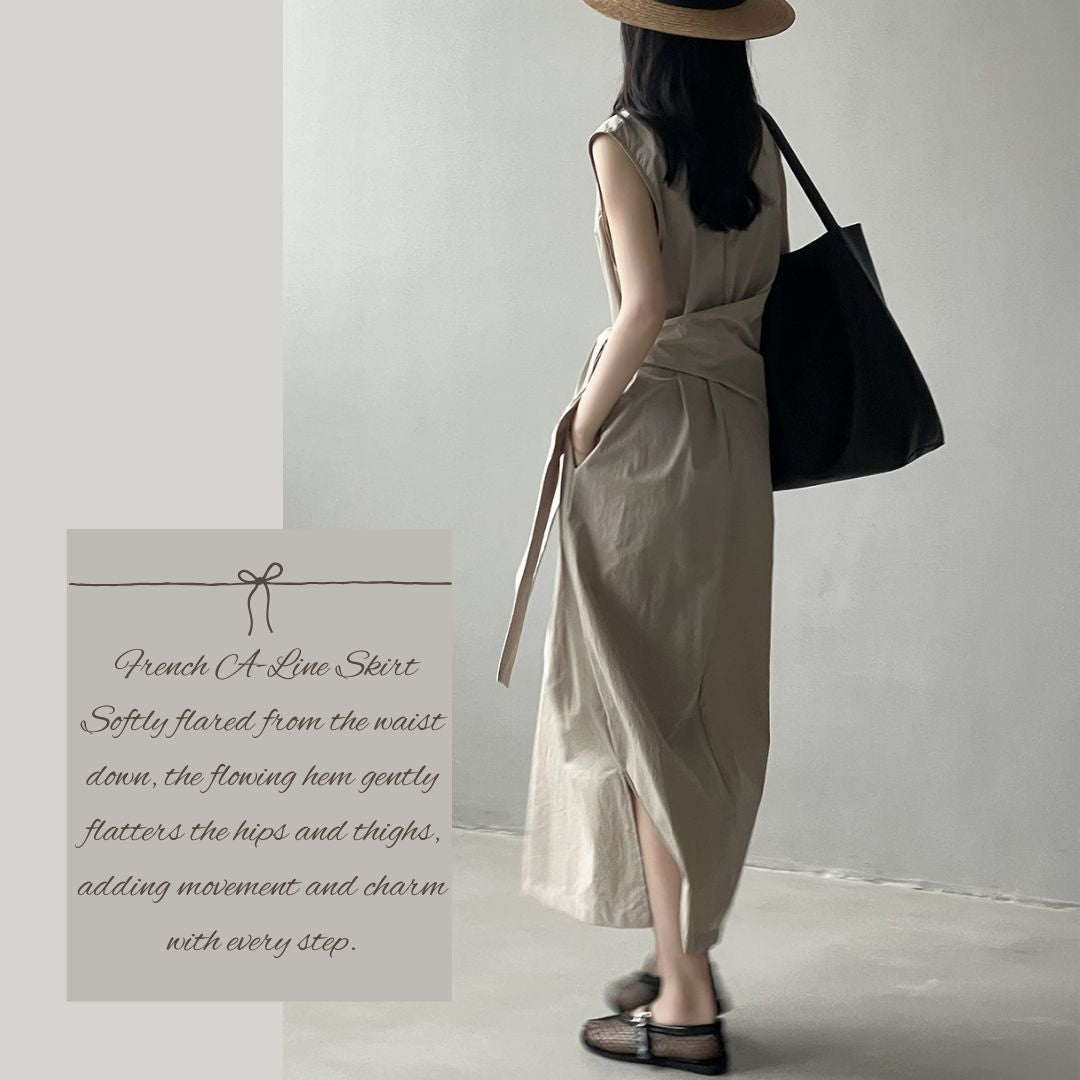 Sleeveless Long Dress with Cinched Tie-Waist Design