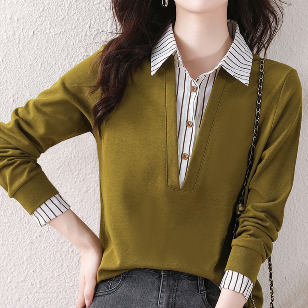 Striped Lapels Fake Two Long-sleeved Tops